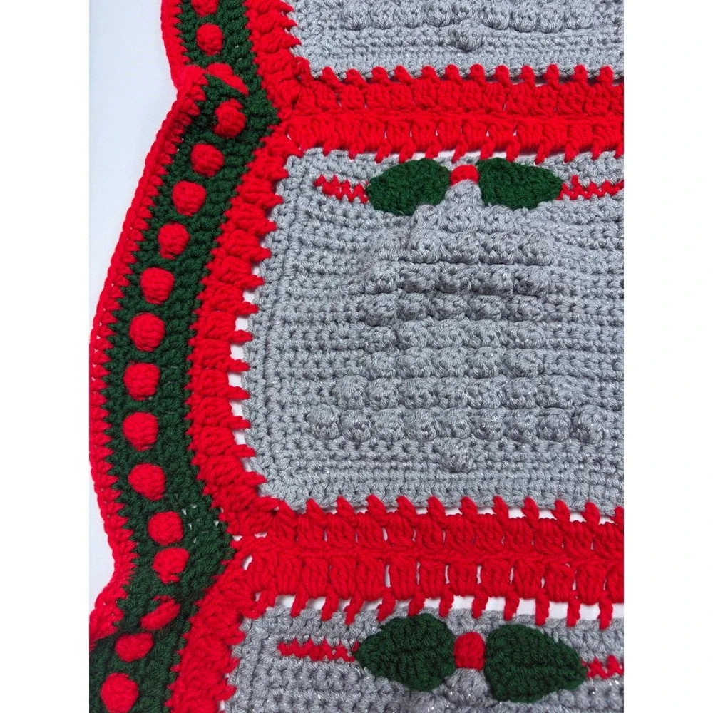 Handmade Crochet Bell Blanket 50x42 Red Grey Holiday‎ Bobble Throw